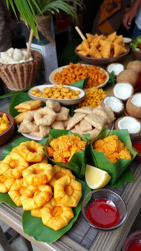 A variety of traditional Indonesian snacks including rice cakes, fried treats, and coconut sweets on a rustic table.